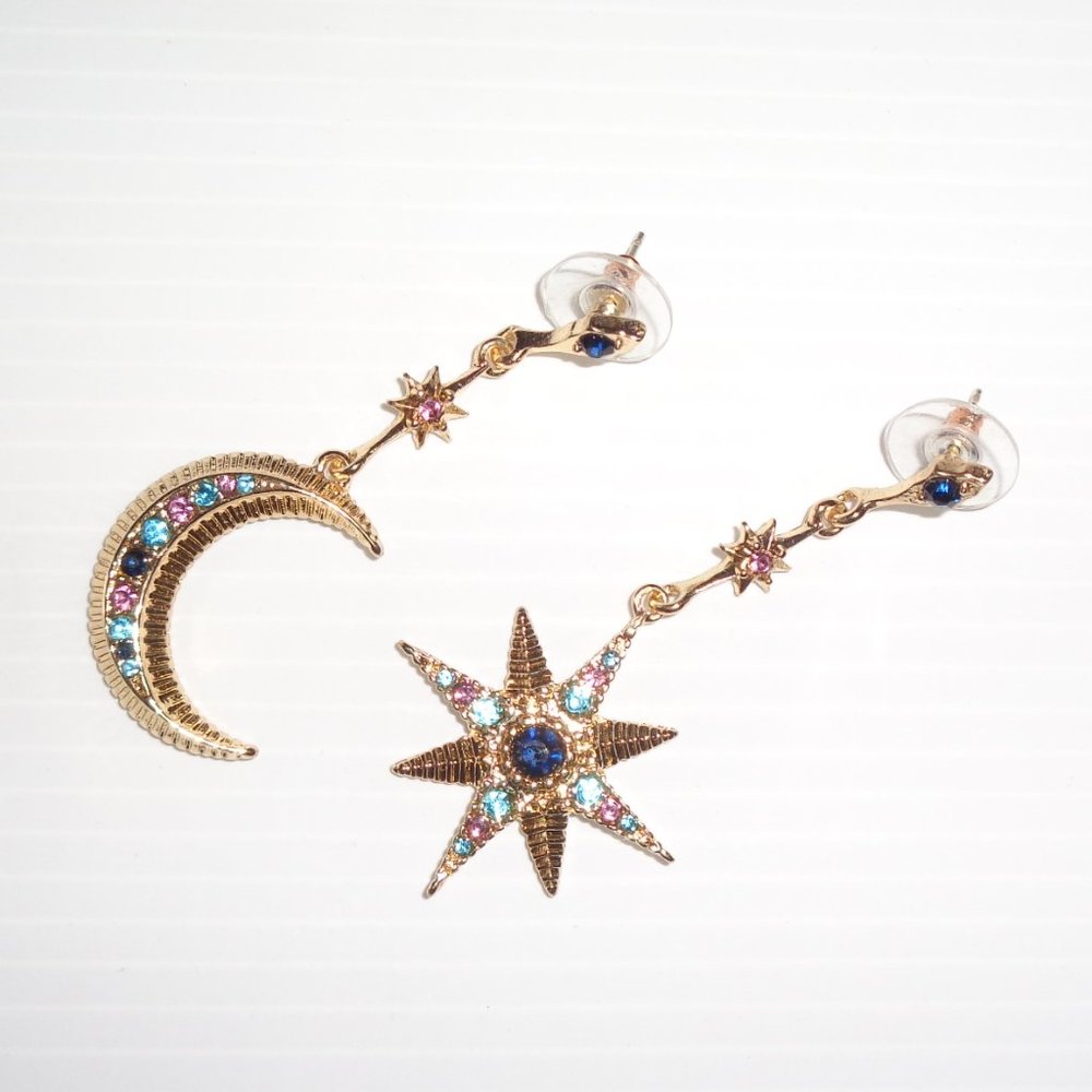 Crescent MOON & STAR Dangle EARRINGS Goldtone & Rhinestones Post Back